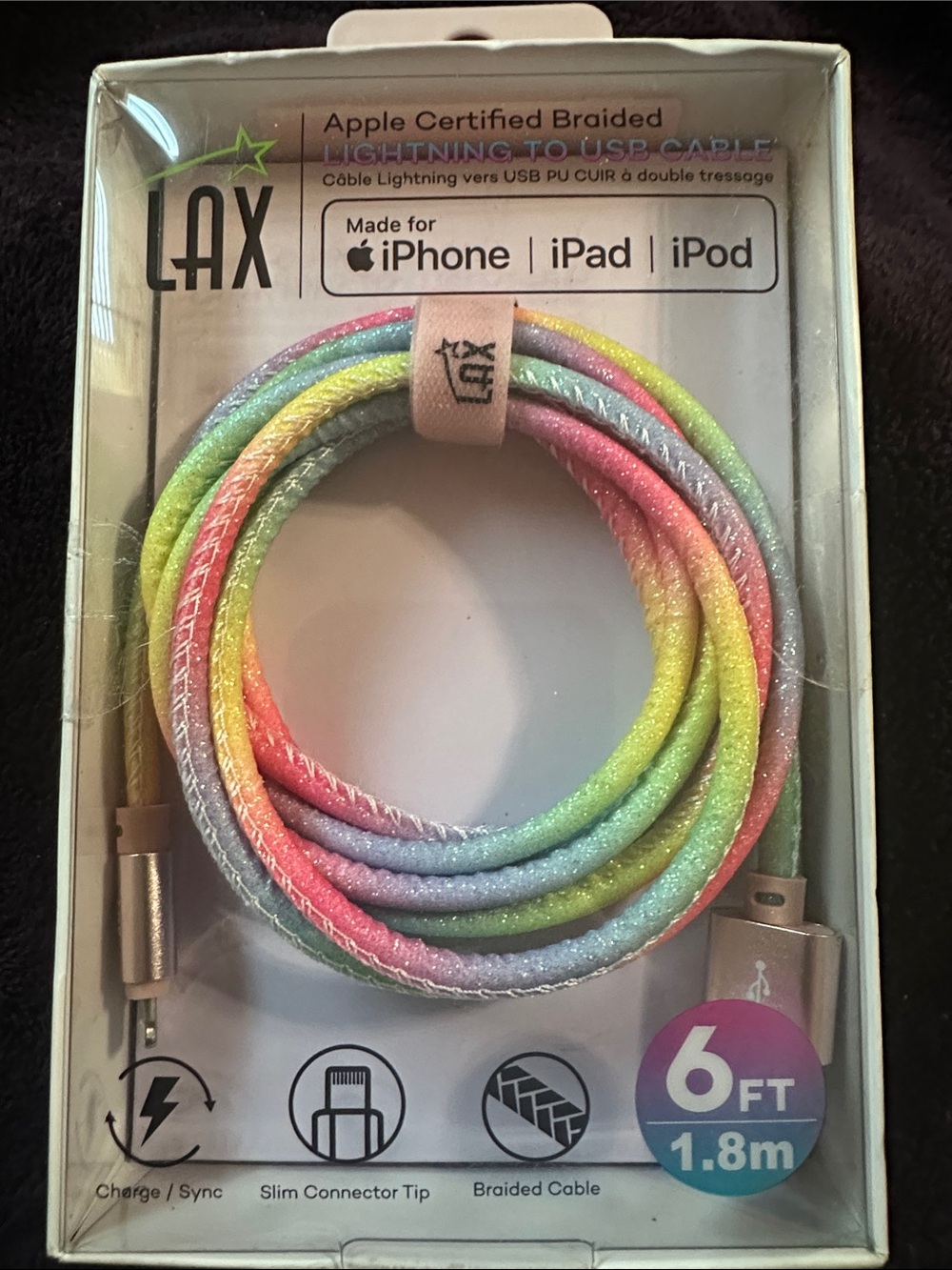 Lax Apple Certified Braided Lightning Cable for iPhone/iPad/iPod Rainbow Glitter